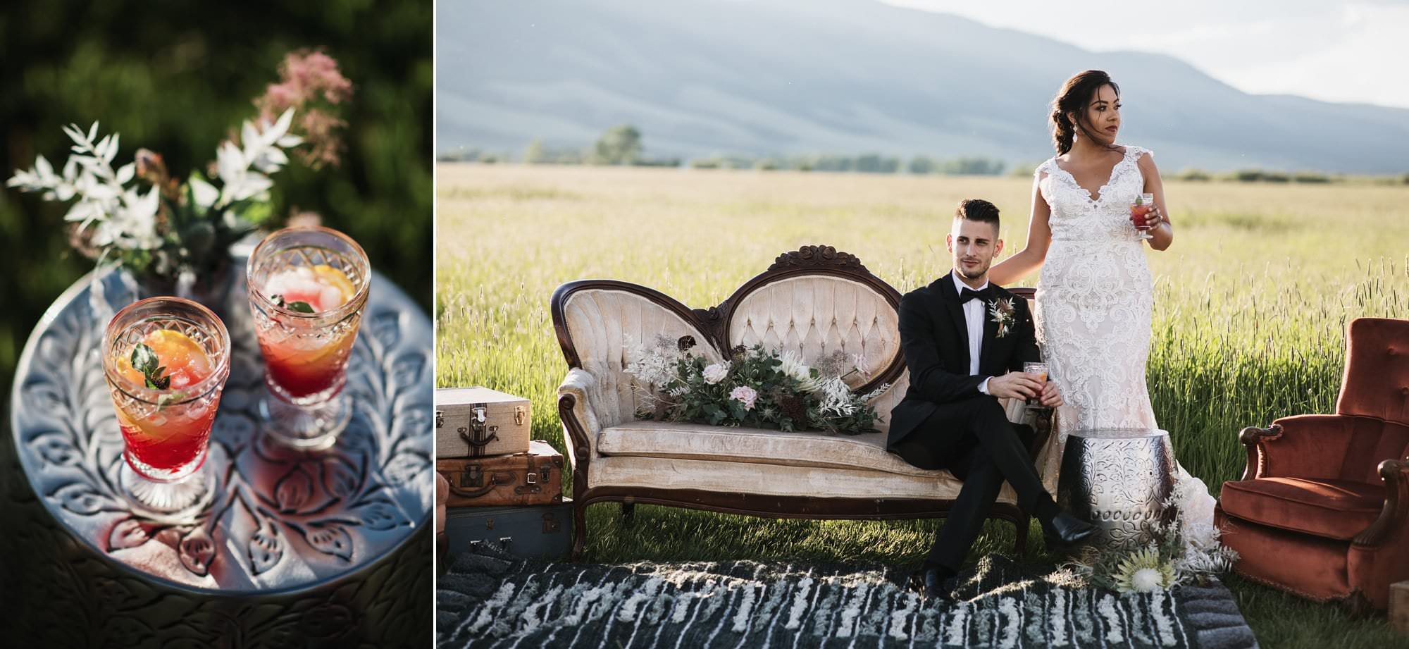 bride and groom in Wyoming field on couches