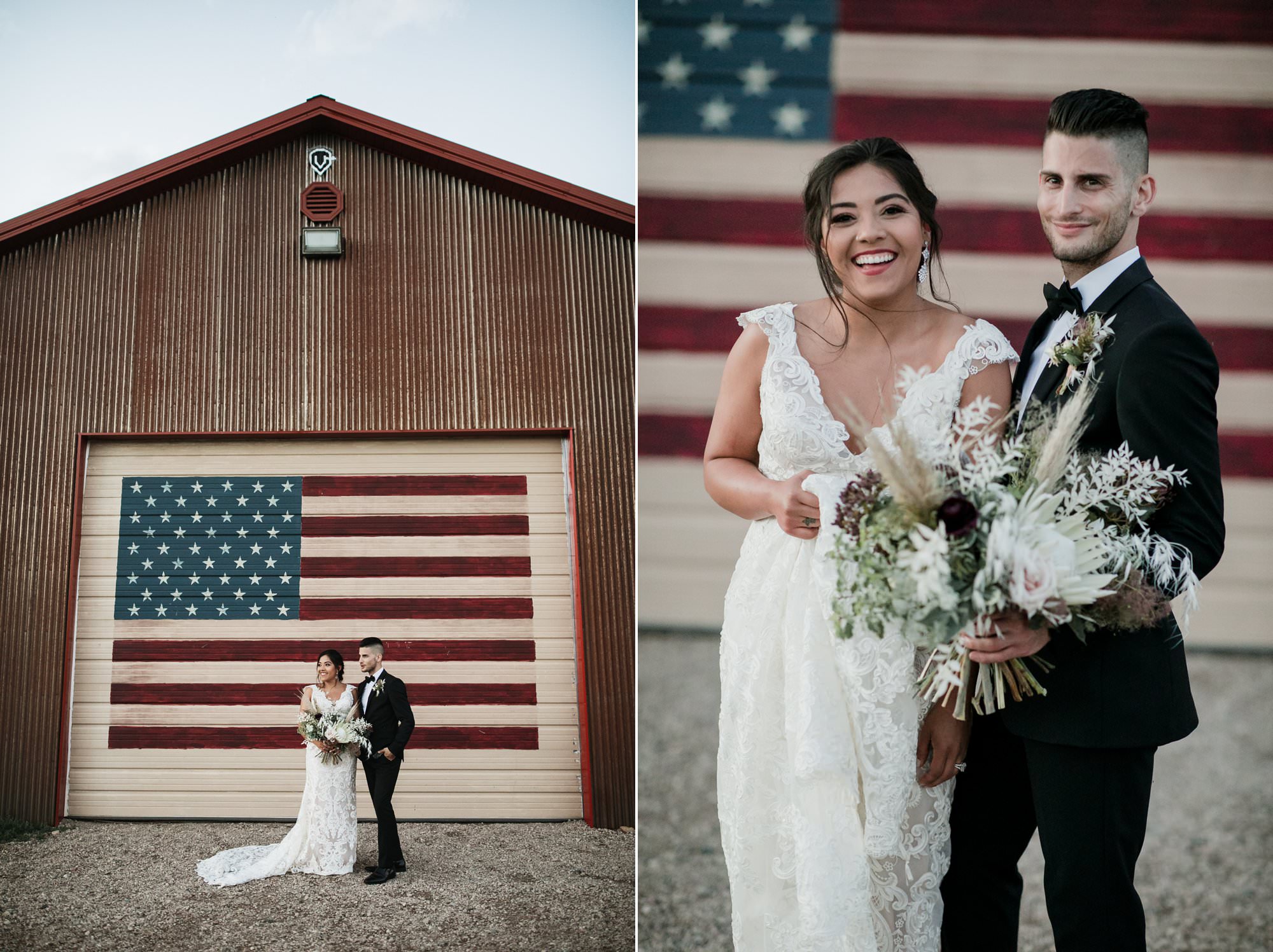 Deerwood ranch bride and groom, flag barn